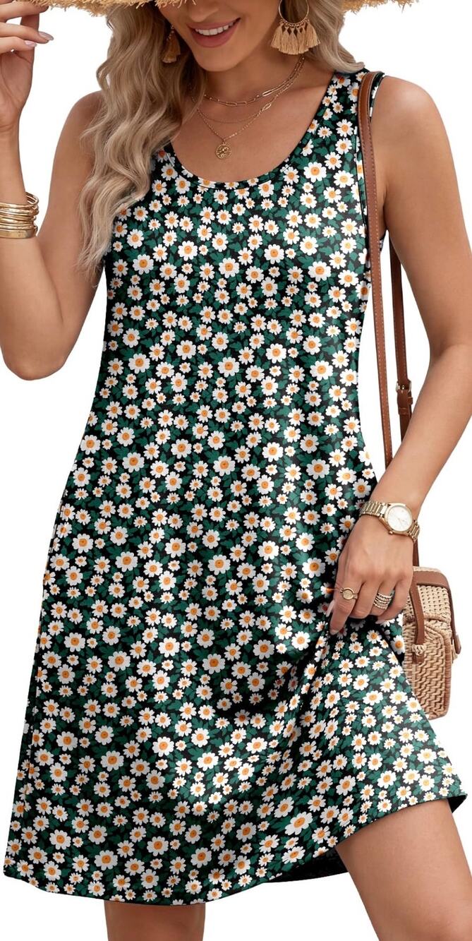 LUXVEER Women’s XL Green Daisy Floral Sundress Sleeveless Scoop Neck Mini Dress